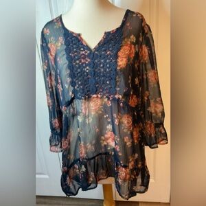 Decree Sheer Navy‎ Blue Crochet Blouse Tunic Top Size XL